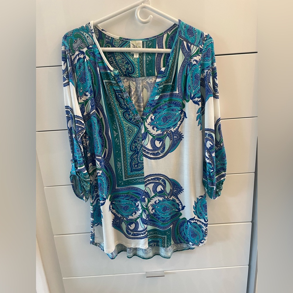 Anthropology Weston Wear Women's Paisley V-Neck Top - Blue and Green